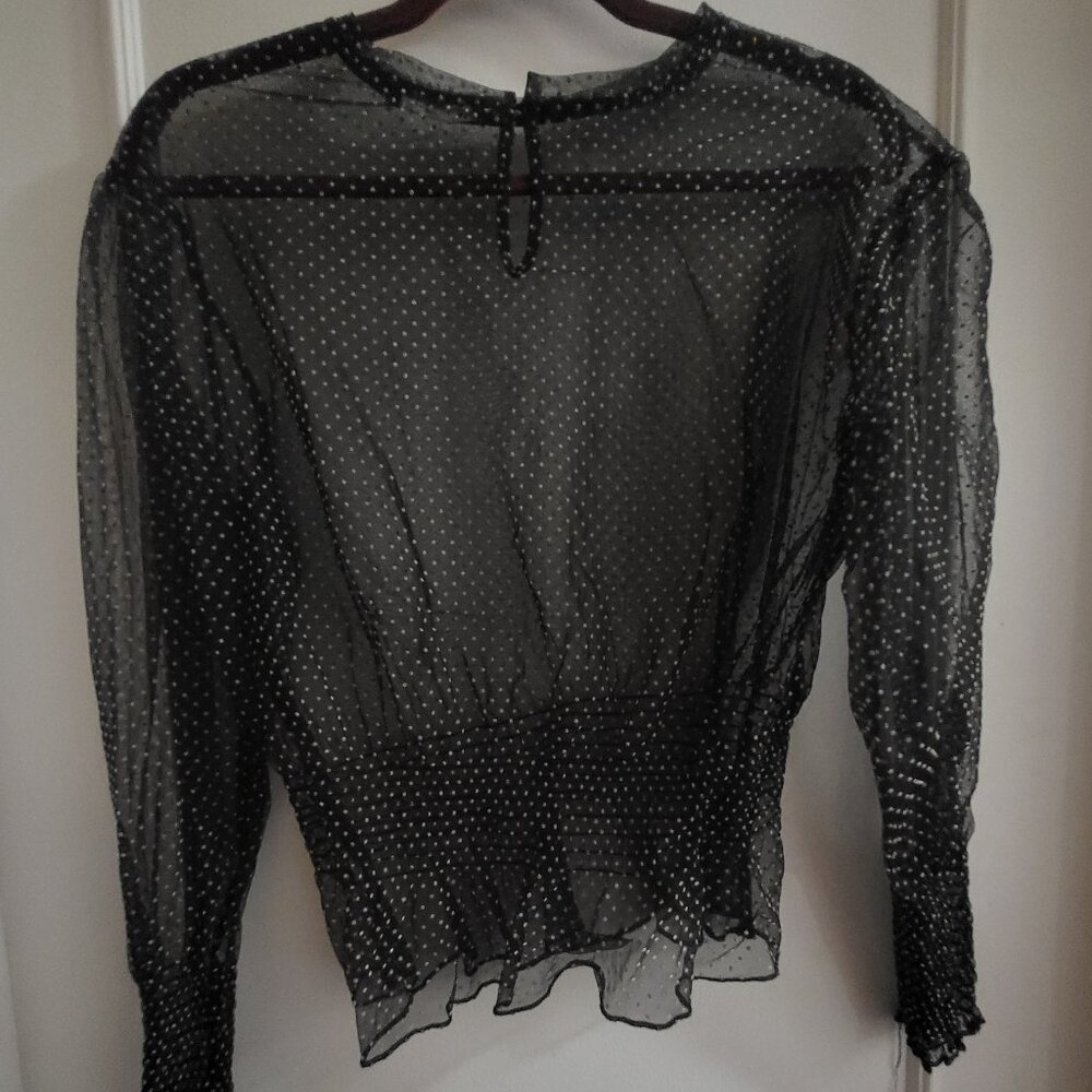 Zara Black Sheer Polka Dot Mesh Blouse – Shirred Waist & Cuffs – Size M